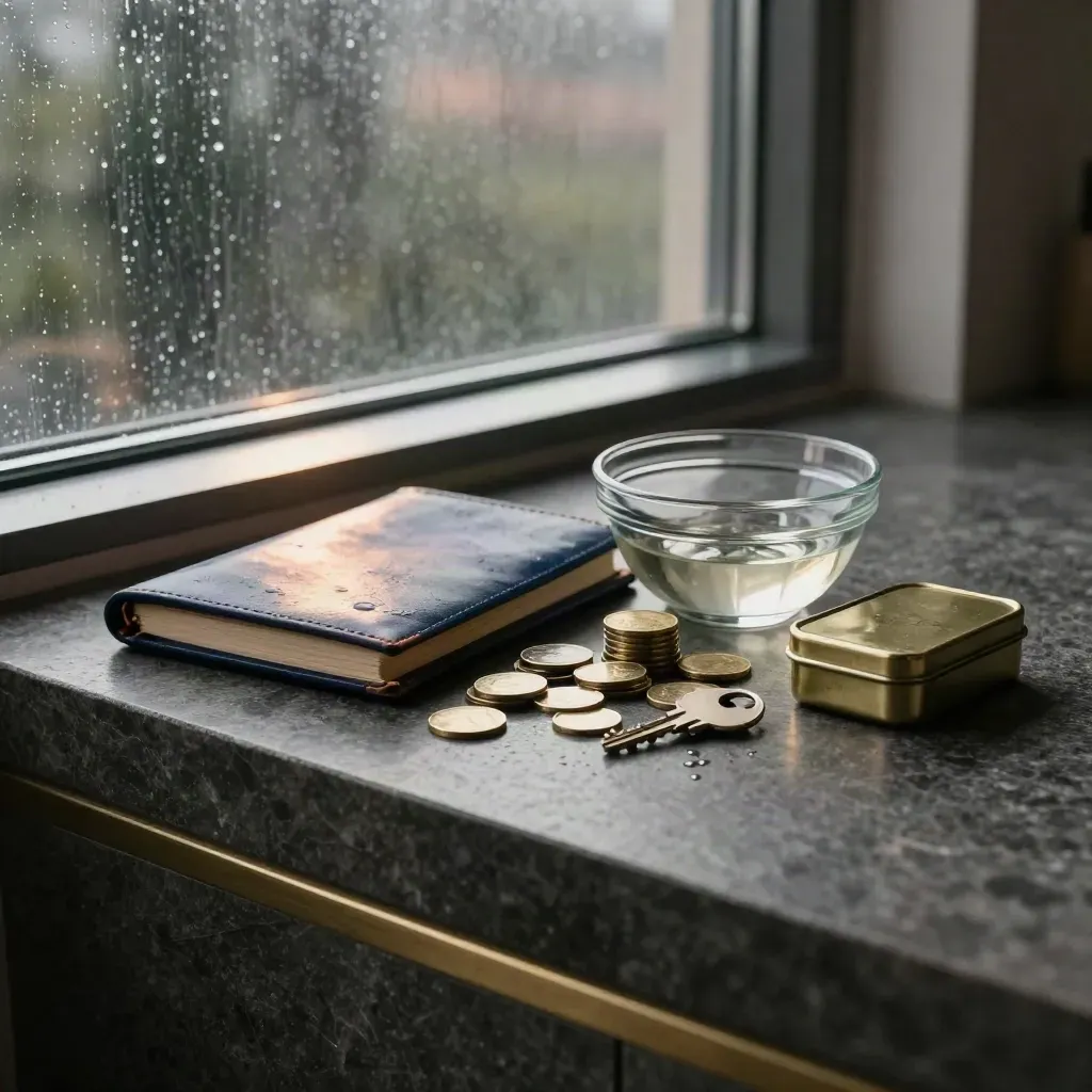 Rain-lit wealth-planning still life with leather folio, coins, glass bowl, house key and pension tin.