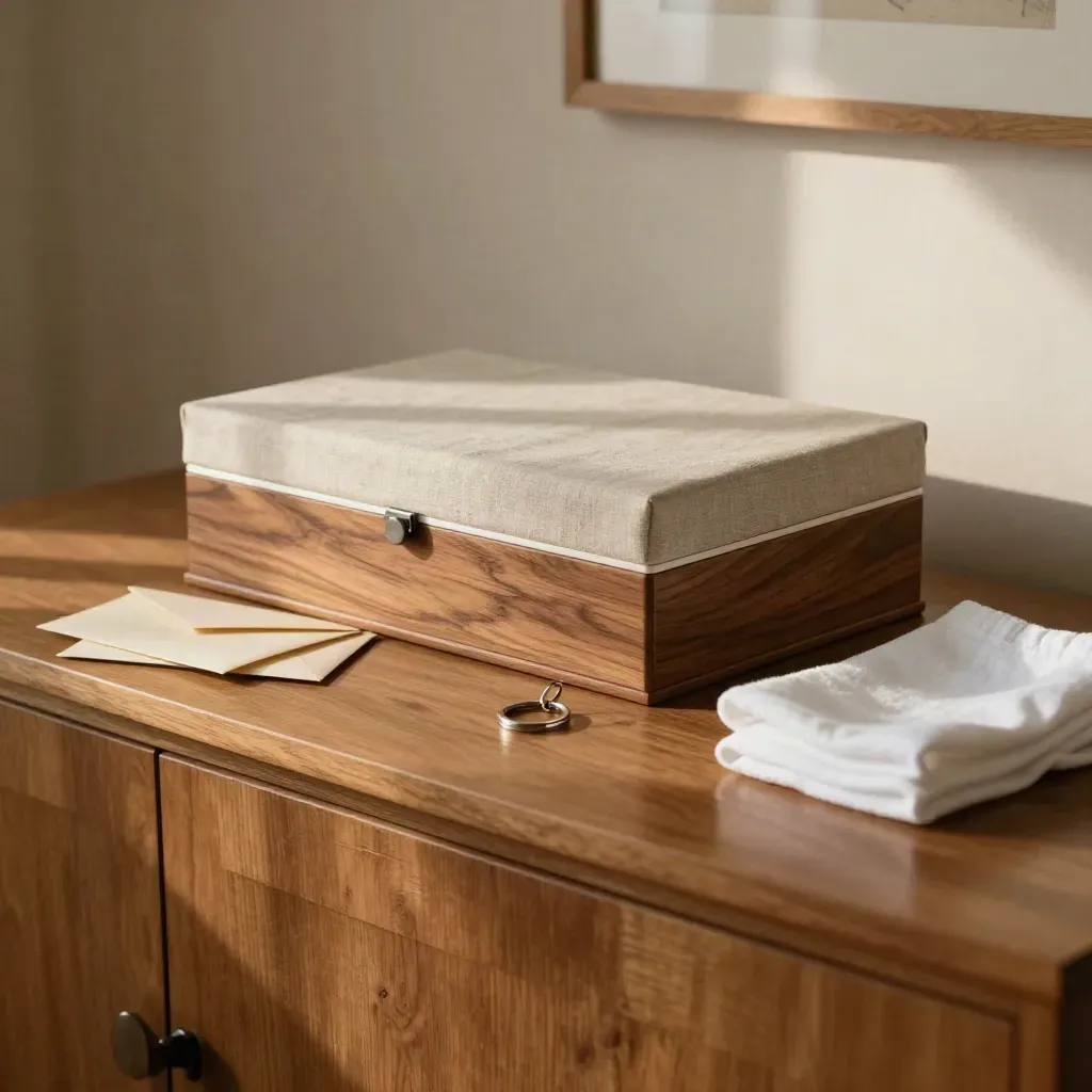 Closed keepsake box, envelopes, key ring and cloth on an oak sideboard in soft afternoon light.