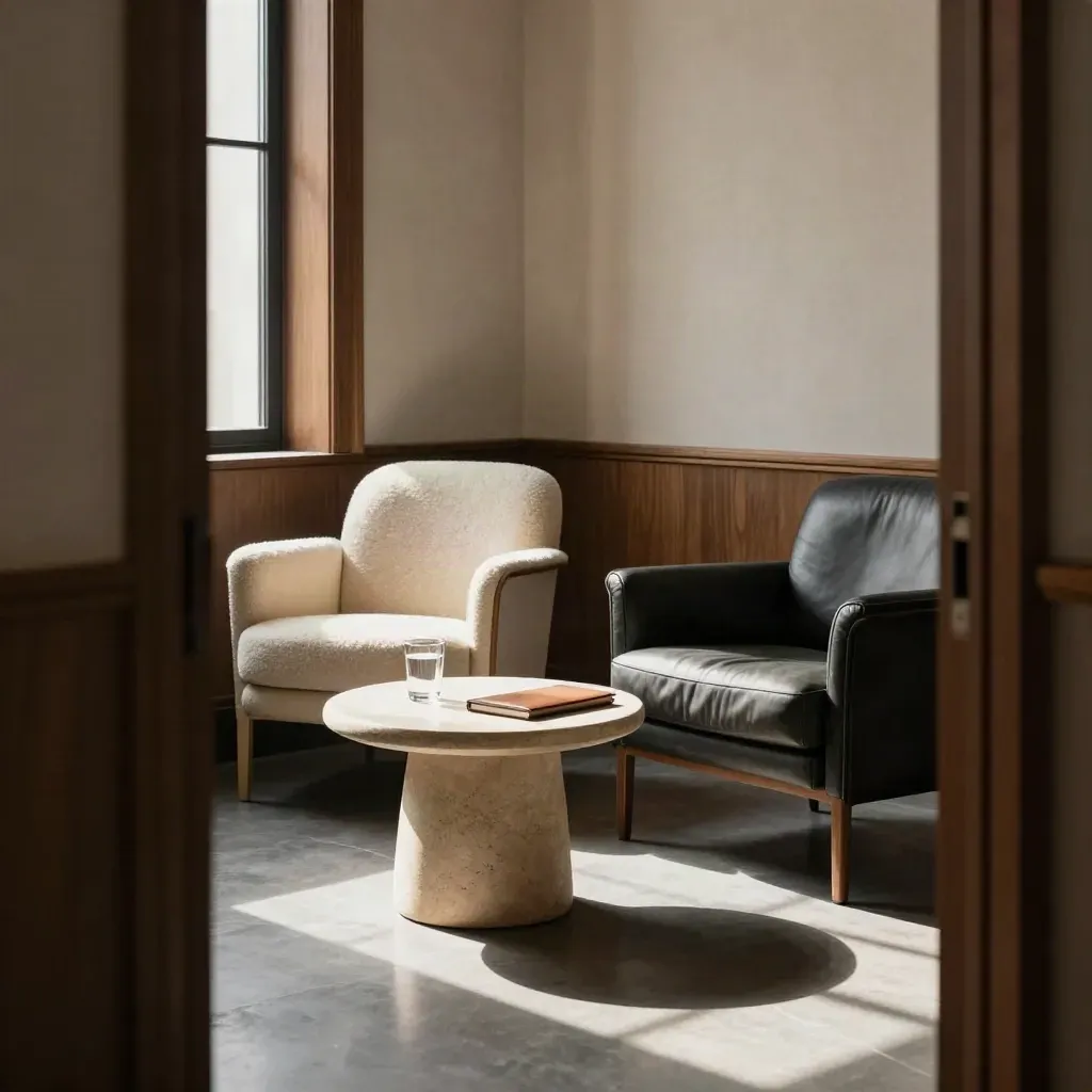 Moody wealth advice meeting corner with two chairs, water glass, and a closed notebook.