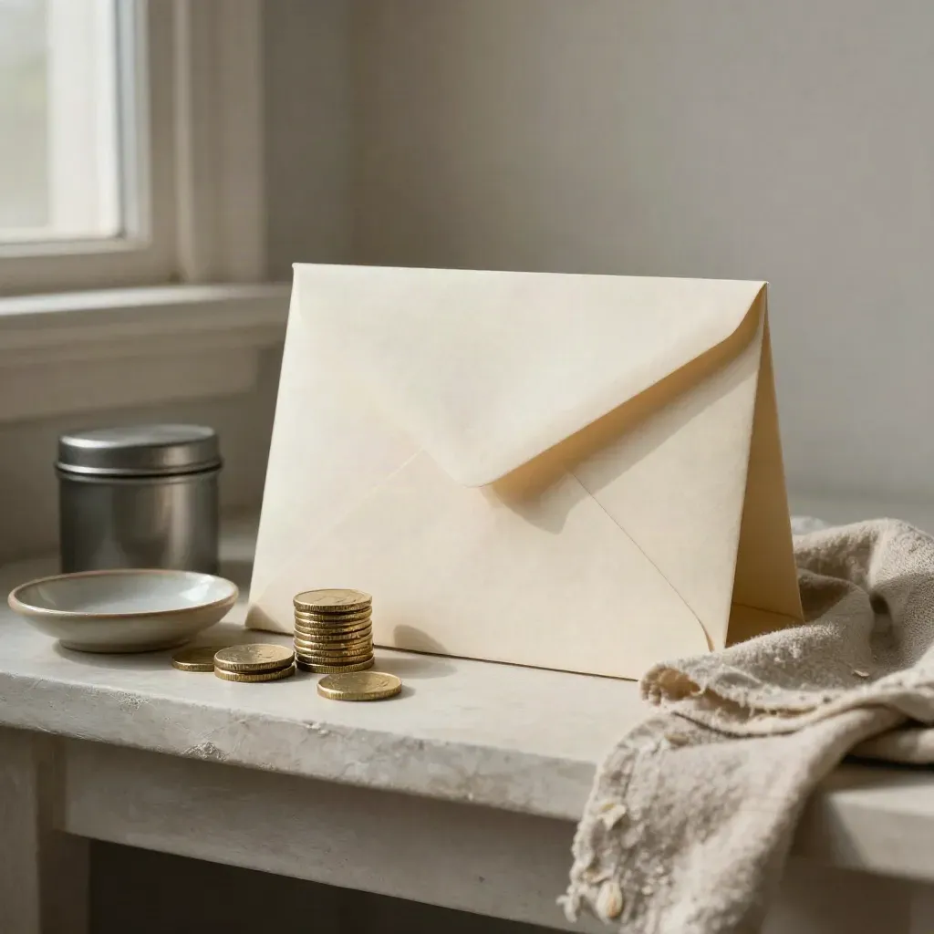 Blank salary envelope, coin stack, savings tin, dish and folded cloth on a pale shelf